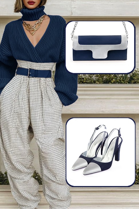 Women's silver and navy blue elegant slingback heels. Tapered toe. High kitten heels - Worn view